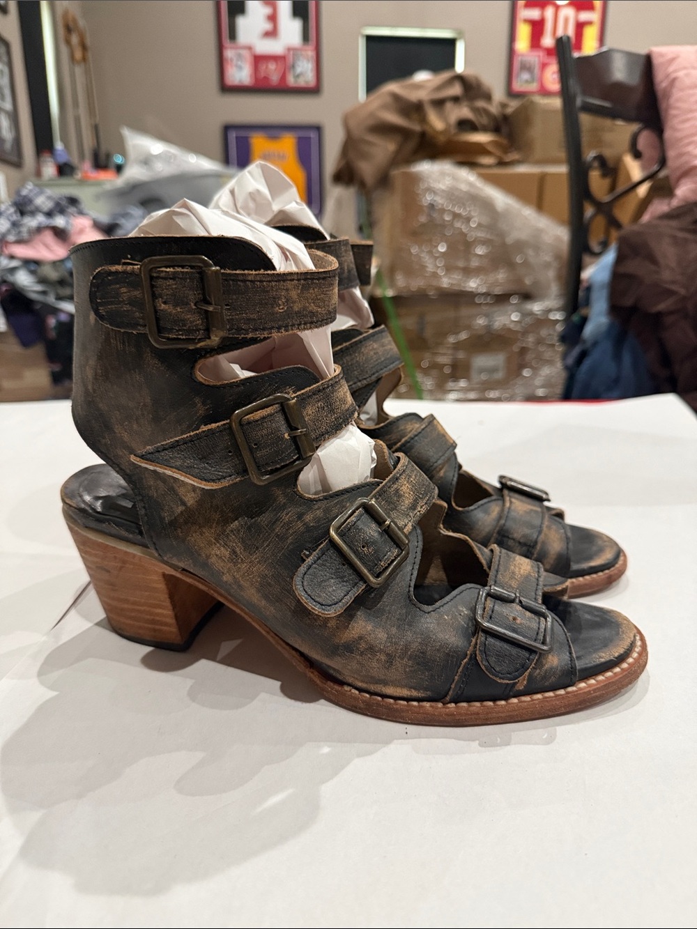 freebird Distressed Black and Brown Strappy Buckle Heeled Sandals